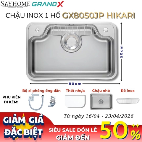 Chậu rửa chén bát 1 hố inox 304 GRANDX GX8050JP HIKARI 80cm - Chính hãng