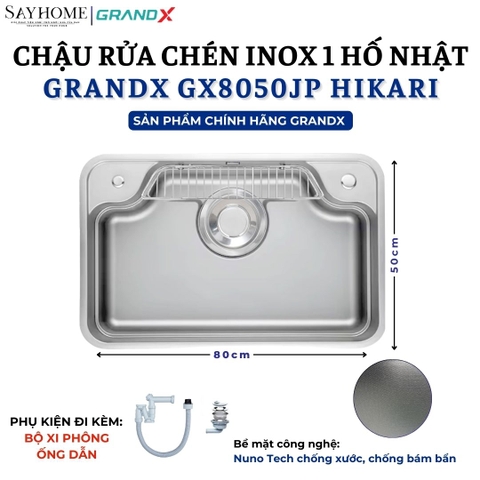 Chậu rửa chén bát 1 hố inox 304 GRANDX GX8050JP HIKARI 80cm - Chính hãng
