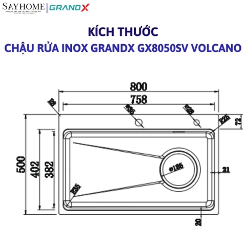 Chậu rửa chén bát 1 hố inox 304 GRANDX GX8050SV VOLCANO 80cm tại thành phố Hồ Chí Minh