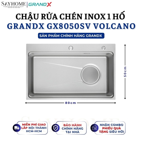 Chậu rửa chén bát 1 hố inox 304 GRANDX GX8050SV VOLCANO 80cm - Chính hãng