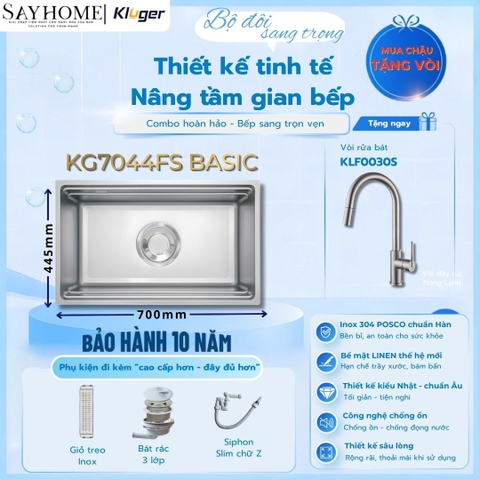 Chậu rửa chén bát 1 hố Nhật Kluger KG7044FS Basic - Hàng chính hãng