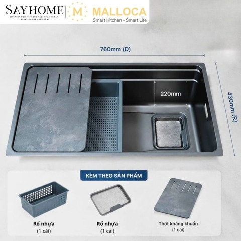 Chậu rửa chén bát 1 hố inox 304 MALLOCA SILVER MS7743SI - Chính hãng