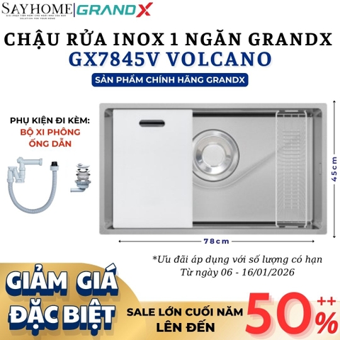 Chậu rửa chén bát 1 hố inox 304 GRANDX GX7845V VOLCANO 78cm - Chính hãng