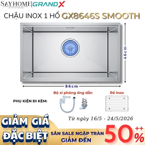 Chậu rửa chén bát 1 hố inox 304 GRANDX GX8646S SMOOTH - 86cm - Chính hãng