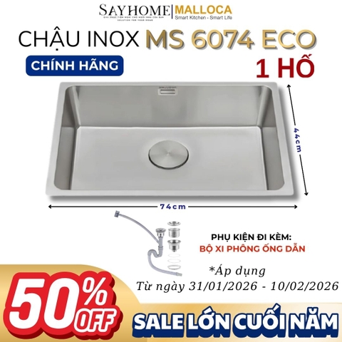 Chậu rửa chén bát 1 hố inox 304 MALLOCA MS 6074 ECO 74cm - Chính hãng