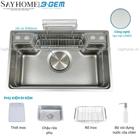 Chậu rửa chén bát B-Gem BG-7545CGT/ 7848CGT/ 8050CGT SKY 3D 1 hộc LINEN, SUS304  - Hàng chính hãng B-GEM