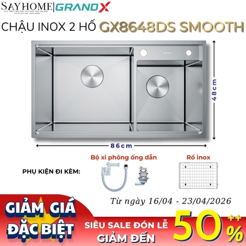 Chậu rửa chén bát 2 hố inox 304 GRANDX GX8648DS SMOOTH 86cm - Chính hãng
