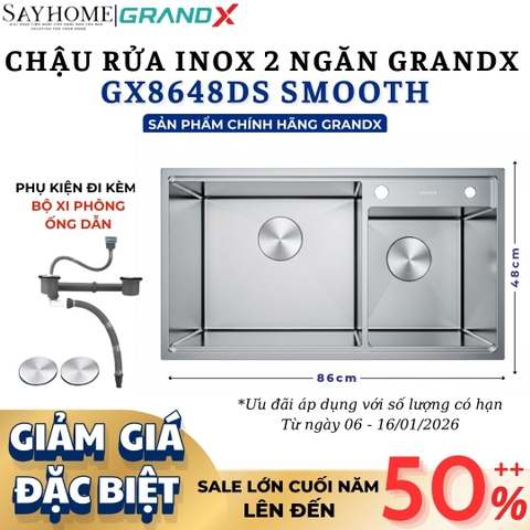 Chậu rửa chén bát 2 hố inox 304 GRANDX GX8648DS SMOOTH 86cm - Chính hãng