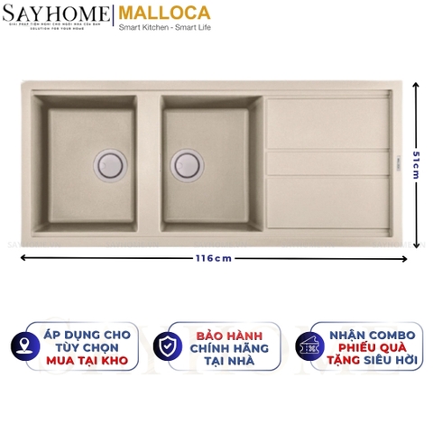 Chậu rửa chén bát đá Granite 2 hố MALLOCA BIANCO K-50062 - Chính hãng