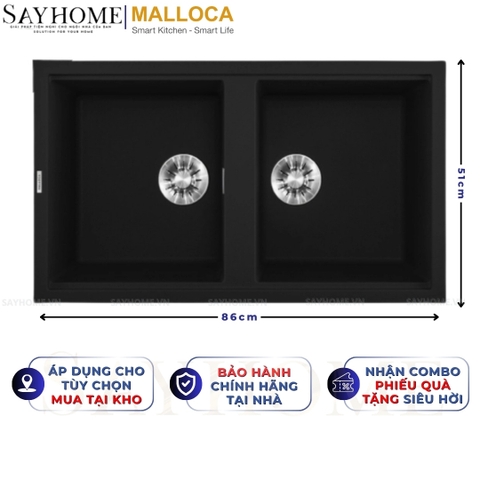 Chậu rửa chén bát đá Granite 2 hố MALLOCA BLACK K-45086 màu đen - Chính hãng