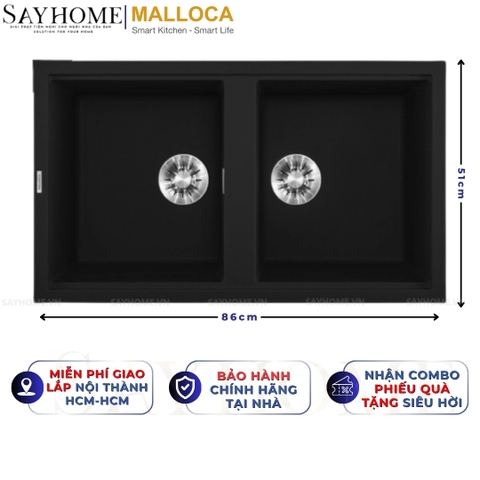 Chậu rửa chén bát đá Granite 2 hố MALLOCA BLACK K-45086 màu đen - Chính hãng