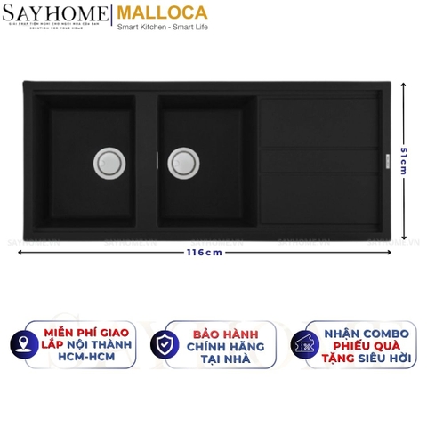 Chậu rửa chén bát đá Granite 2 hố MALLOCA NERO K-50040 - Chính hãng