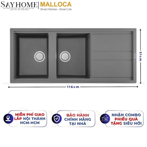 Chậu rửa chén bát đá Granite 2 hố MALLOCA TITANIUM K-50073 - Chính hãng
