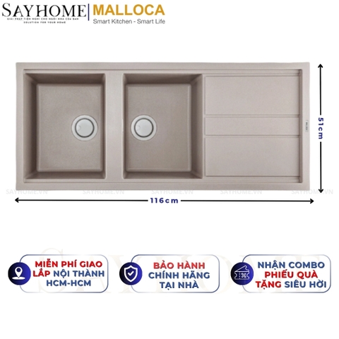 Chậu rửa chén bát đá Granite 2 hố MALLOCA TORTORA K-50043 - Chính hãng