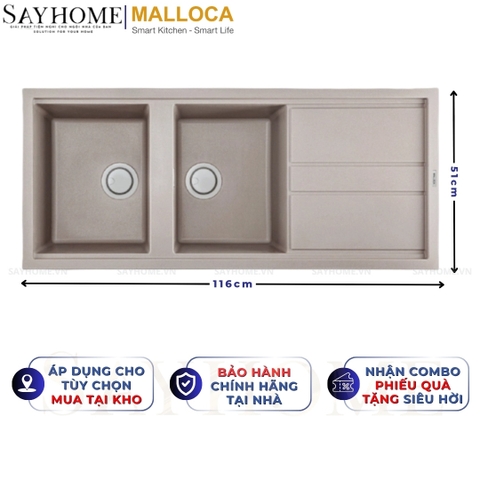 Chậu rửa chén bát đá Granite 2 hố MALLOCA TORTORA K-50043 - Chính hãng