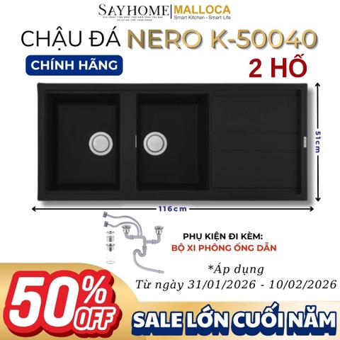 Chậu rửa chén bát đá Granite 2 hố MALLOCA NERO K-50040 - Chính hãng