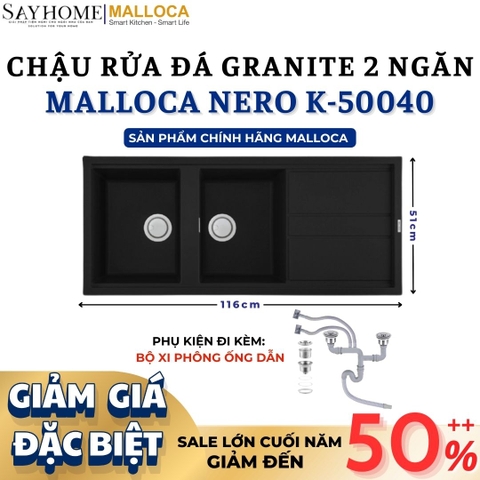 Chậu rửa chén bát đá Granite 2 hố MALLOCA NERO K-50040 - Chính hãng