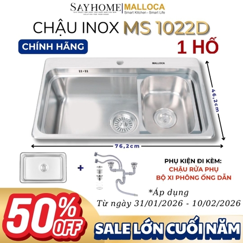 Chậu rửa chén bát 1 hố inox 304 MALLOCA MS 1022D 76cm - Chính hãng