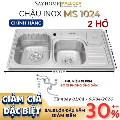 Chậu rửa chén bát 2 hố inox 304 MALLOCA MS 1024 - Chính hãng
