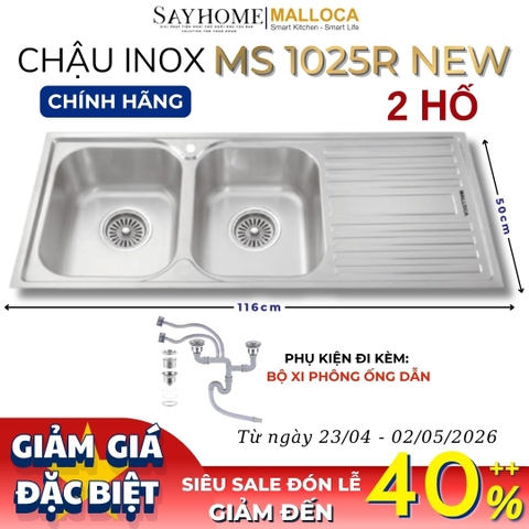 Chậu rửa chén bát 2 hố inox 304 MALLOCA MS 1025R NEW - Chính hãng