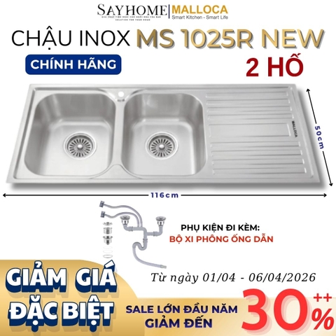 Chậu rửa chén bát 2 hố inox 304 MALLOCA MS 1025R NEW - Chính hãng
