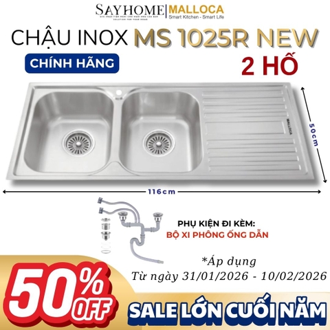 Chậu rửa chén bát 2 hố inox 304 MALLOCA MS 1025R NEW - Chính hãng