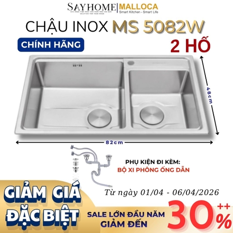 Chậu rửa chén bát 2 hố inox 304 MALLOCA MS 5082W - Chính hãng