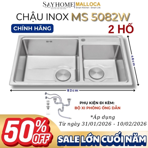 Chậu rửa chén bát 2 hố inox 304 MALLOCA MS 5082W - Chính hãng
