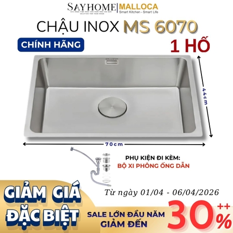 Chậu rửa chén bát 1 hố inox 304 MALLOCA MS 6070 - Chính hãng