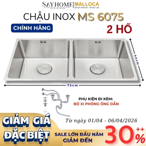 Chậu rửa chén bát 2 hố inox 304 MALLOCA MS 6075 - Chính hãng
