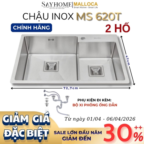 Chậu rửa chén bát 2 hố inox 304 MALLOCA MS 620T - Chính hãng