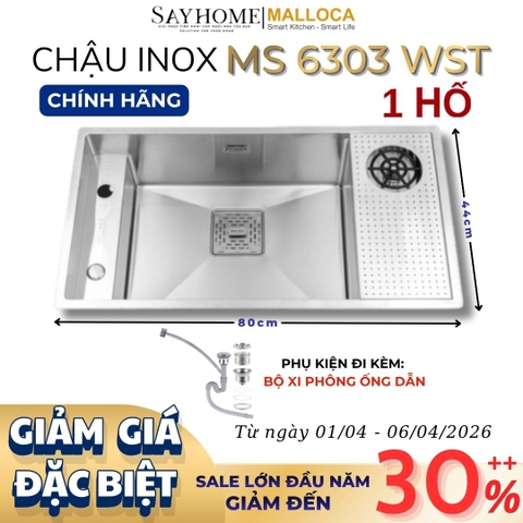 Chậu rửa chén bát 1 hố inox 304 MALLOCA MS 6303 WST - Chính hãng