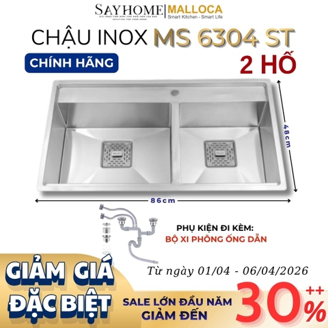 Chậu rửa chén bát 2 hố inox 304 MALLOCA MS 6304 ST - Chính hãng