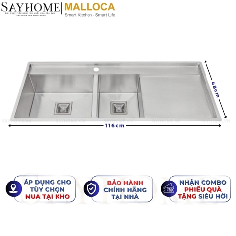 Chậu rửa chén bát 2 hố inox 304 MALLOCA MS 6306ST - Chính hãng