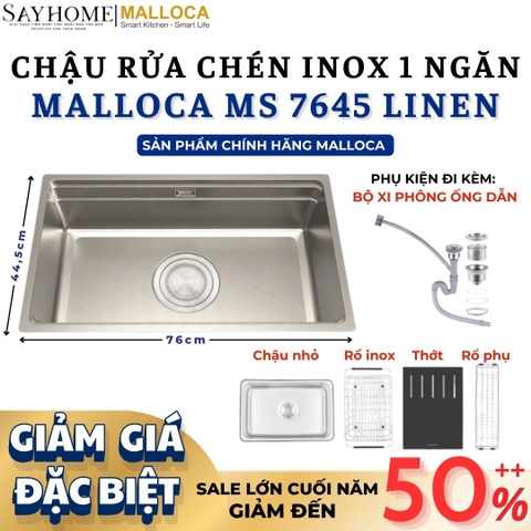 Chậu rửa chén bát 1 hố inox 304 MALLOCA MS 7645 LINEN 76cm - Chính hãng