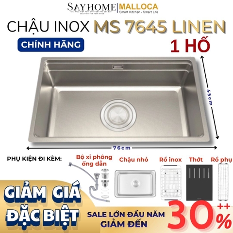 Chậu rửa chén bát 1 hố inox 304 MALLOCA MS 7645 LINEN 76cm - Chính hãng