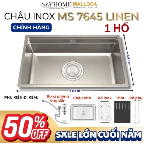 Chậu rửa chén bát 1 hố inox 304 MALLOCA MS 7645 LINEN 76cm - Chính hãng