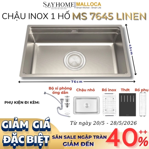 Chậu rửa chén bát 1 hố inox 304 MALLOCA MS 7645 LINEN 76cm - Chính hãng