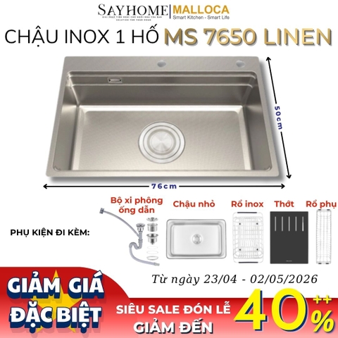 Chậu rửa chén bát 1 hố inox 304 MALLOCA MS 7650 LINEN 76cm - Chính hãng