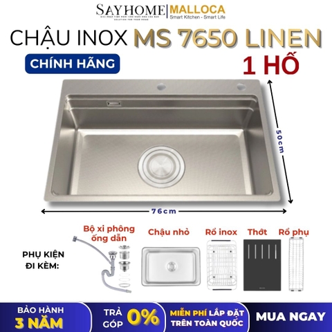 Chậu rửa chén bát 1 hố inox 304 MALLOCA MS 7650 LINEN 76cm - Chính hãng