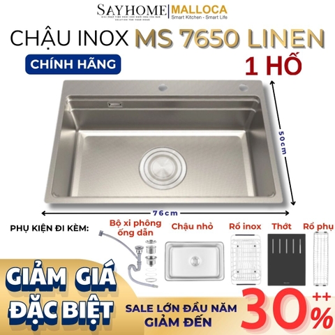 Chậu rửa chén bát 1 hố inox 304 MALLOCA MS 7650 LINEN 76cm - Chính hãng