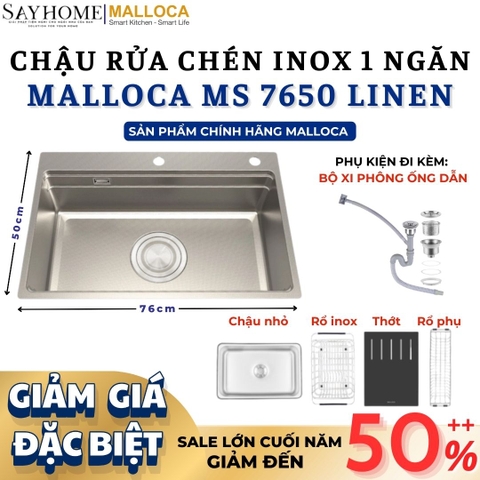 Chậu rửa chén bát 1 hố inox 304 MALLOCA MS 7650 LINEN 76cm - Chính hãng