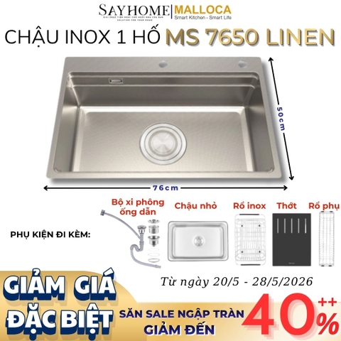 Chậu rửa chén bát 1 hố inox 304 MALLOCA MS 7650 LINEN 76cm - Chính hãng