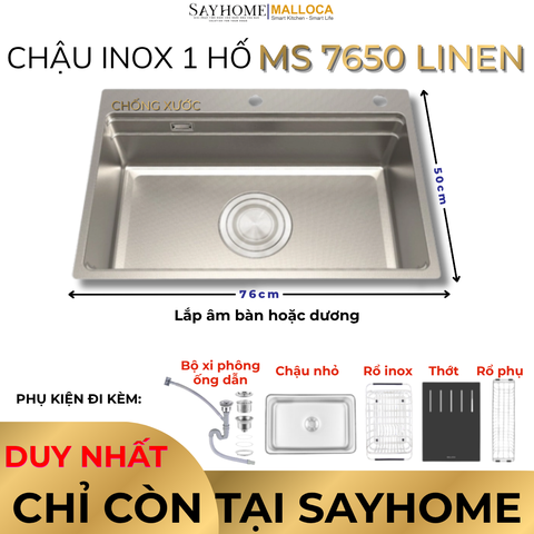 Chậu rửa chén bát 1 hố inox 304 MALLOCA MS 7650 LINEN 76cm - Chính hãng