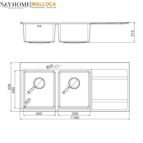 Chậu rửa chén bát 2 hố inox 304 MALLOCA MS 7818 ECO - Chính hãng