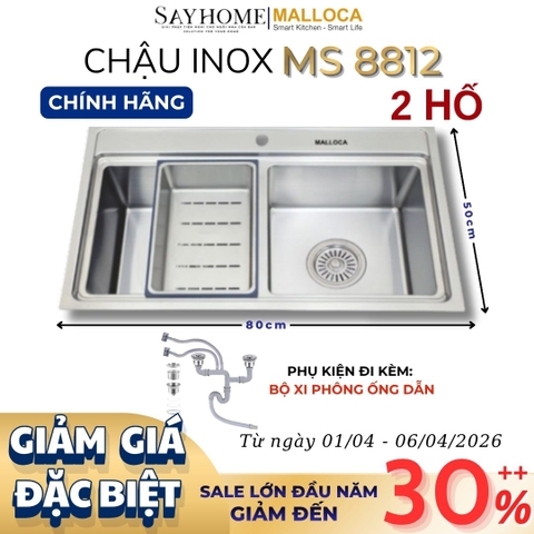 Chậu rửa chén bát 2 hố inox 304 MALLOCA MS 8812 - Chính hãng