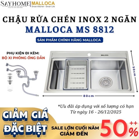 Chậu rửa chén inox MALLOCA MS 8812 2 ngăn - Hàng chính hãng