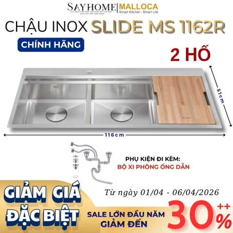 Chậu rửa chén bát 2 hố inox 304 MALLOCA Slide MS 1162R - Chính hãng