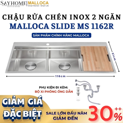 Chậu rửa chén bát 2 hố inox 304 MALLOCA Slide MS 1162R - Chính hãng
