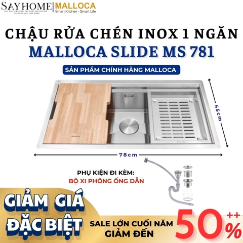 Chậu rửa chén bát 1 hố inox 304 MALLOCA Slide MS 781 - Chính hãng